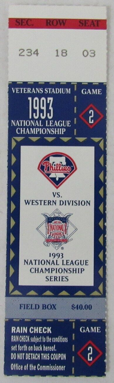 1993 NLCS Game 2 Phillies vs. Braves Ticket Stub