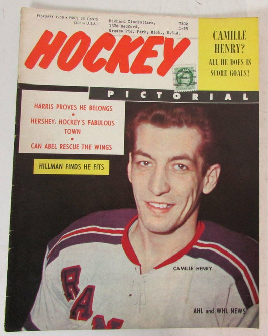 Hociey Pictorial Magazine Feb. 1959 Camille Henry NY Rangers Cover 147064