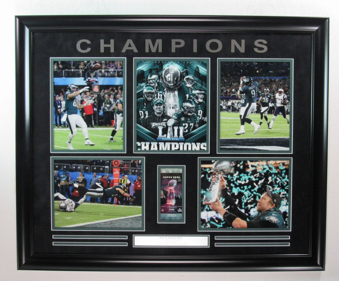 Philadelphia Eagles Fly Eagles Fly Photo Collage and Super Bowl Ticket Framed