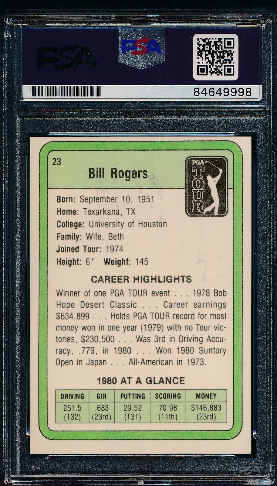 1981 DONRUSS PGA Bill Rogers #23 Authentic Card Signed PSA/DNA 176006