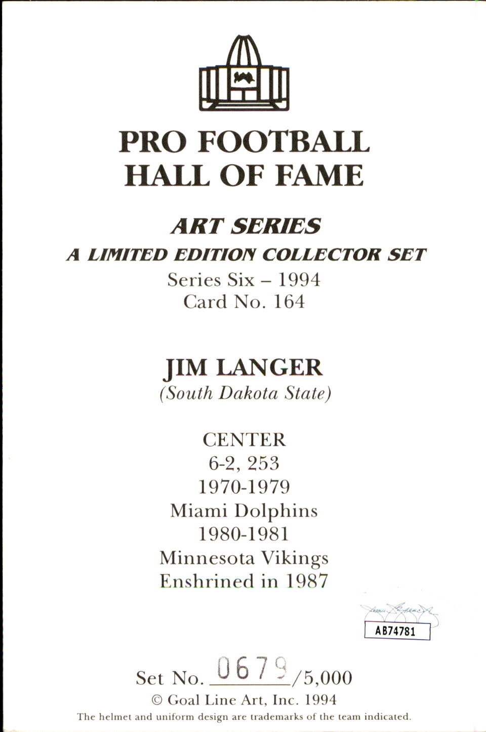 Jim Langer HOF Autographed/Inscr Goal Line Art GLAC Postcard Miami Dolphins JSA