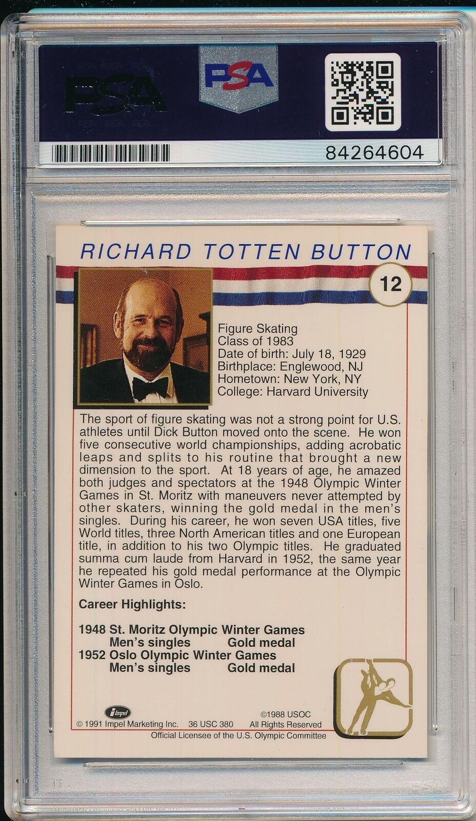 Dick Button Olympic Champ Signed/Auto 1991 Impel Card #12 PSA/DNA 156714