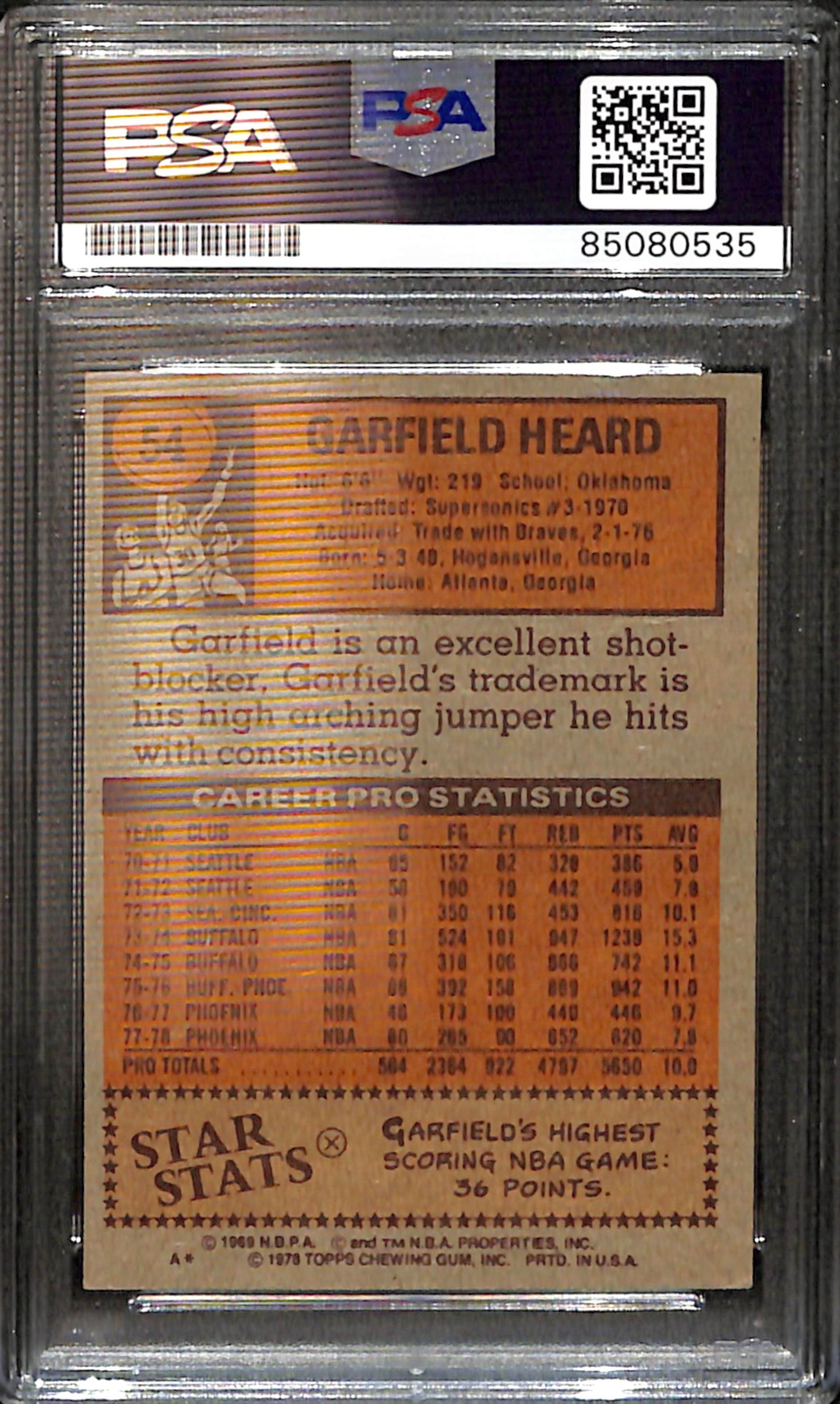 Garfield Heard Signed/Auto 1978 Topps Card #54 Phoenix Suns PSA/DNA 185427