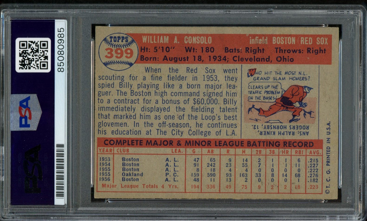 Bill Consolo Signed 1957 Topps Trading Card #399 Boston Red Sox PSA/DNA 183588