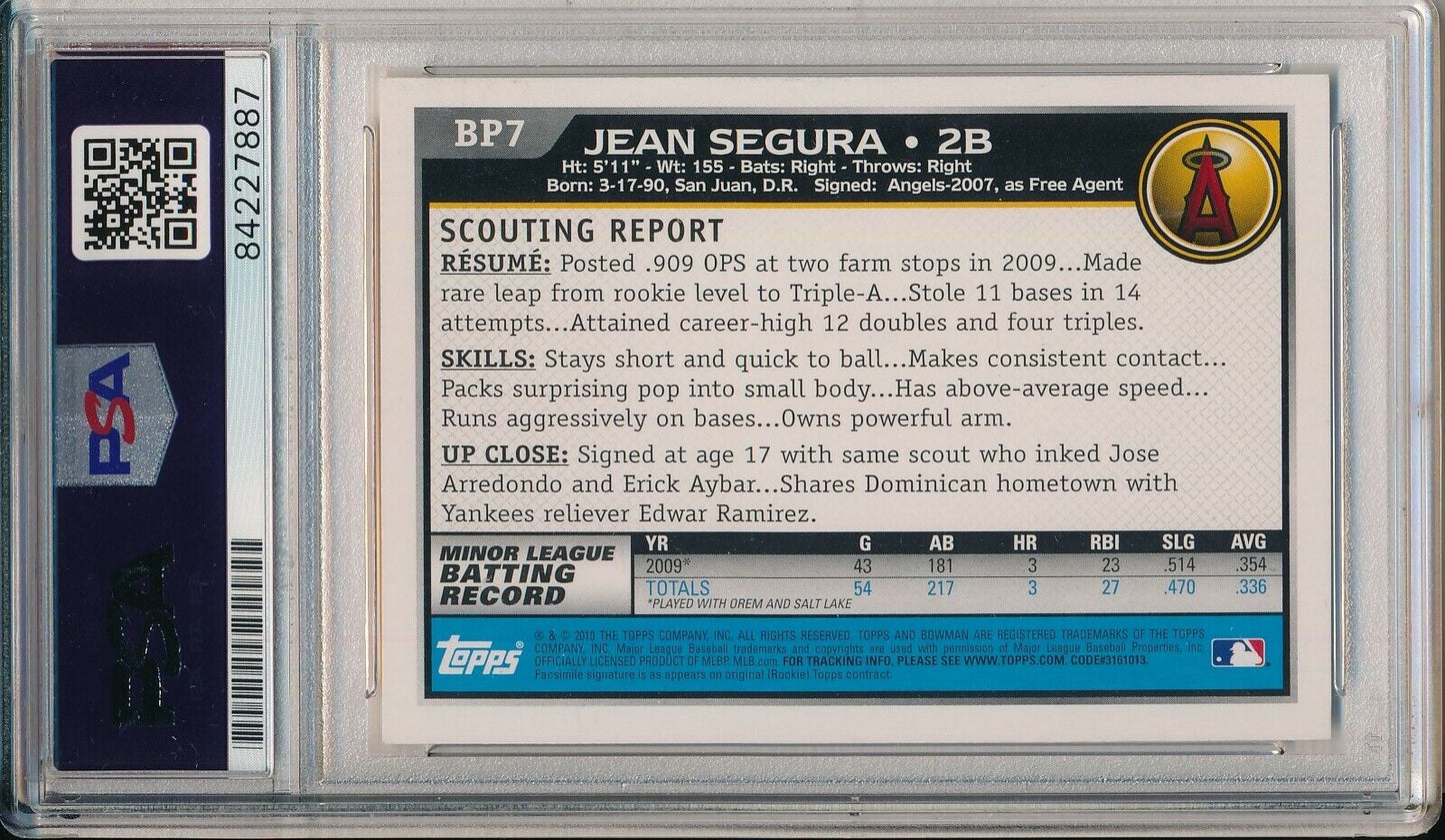 Jean Segura Phillies  Angels Signed  2010 Rookie Bowman Card #BP7 PSA/DNA 155323