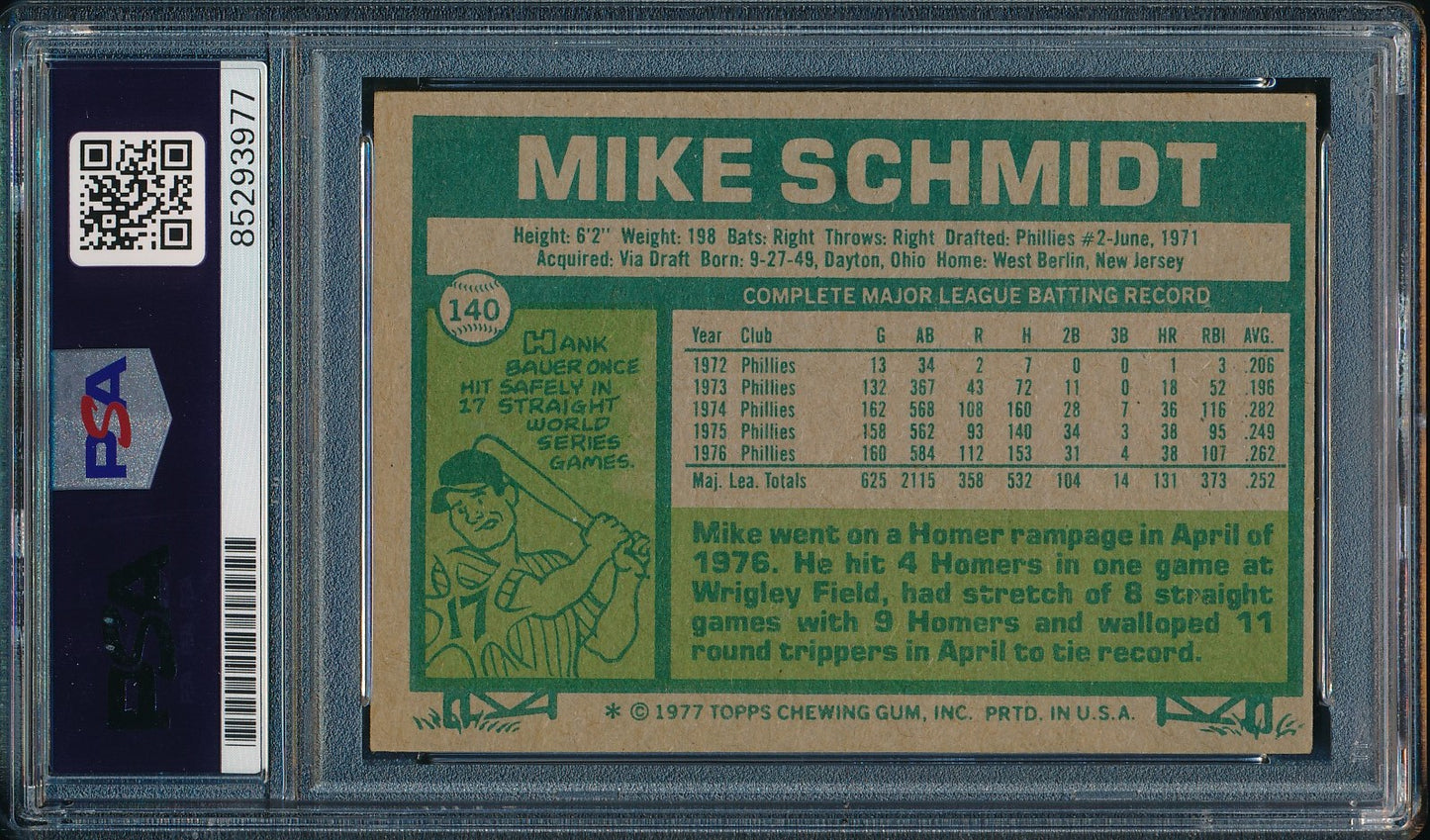 1977 Topps Mike Schmidt Phillies Card #140 Signed PSA/DNA GEM MINT 10 190429