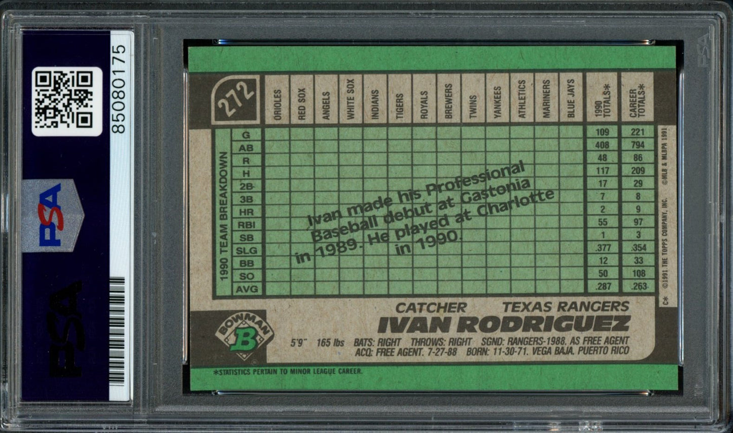 Ivan Rodriguez HOF Autographed 1991 Bowman Rookie Card #272 Rangers PSA/DNA