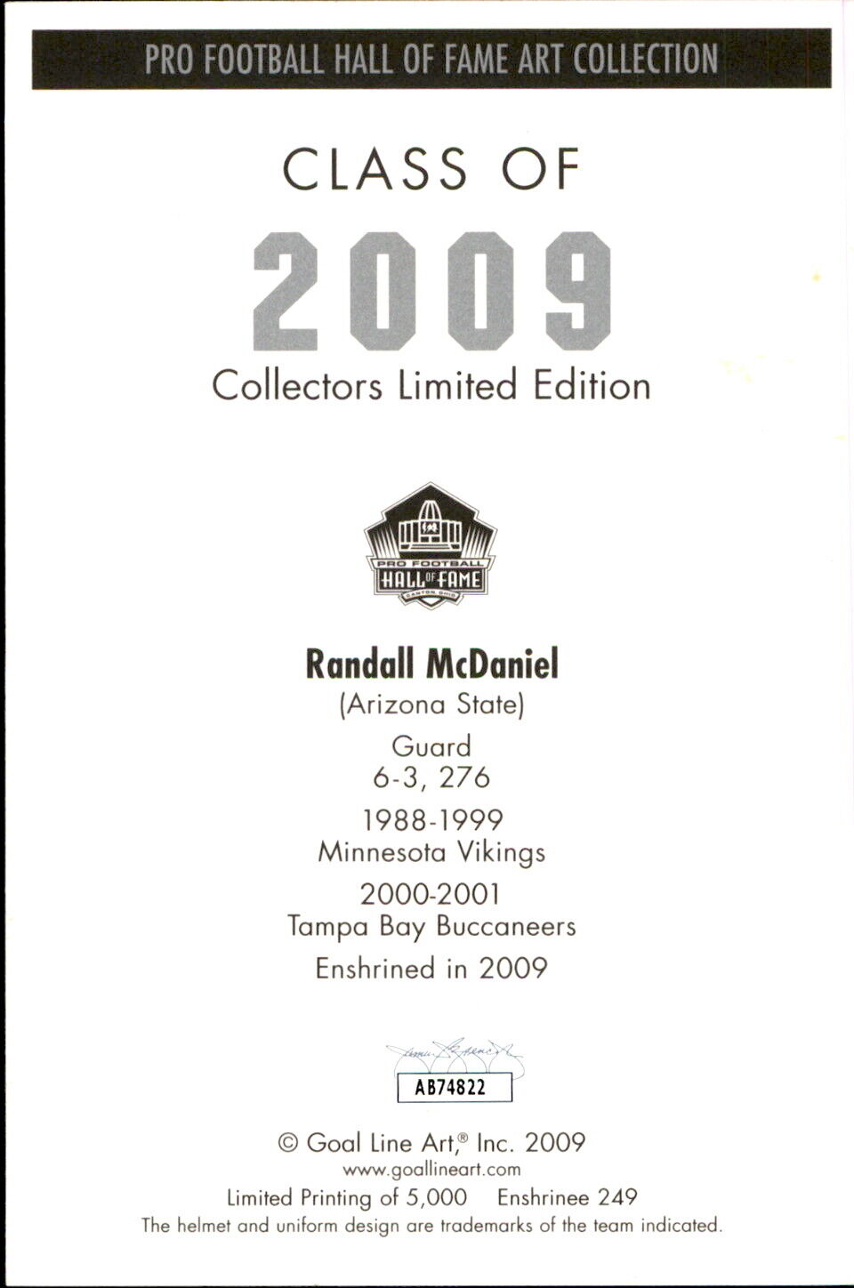 Randall McDaniel HOF Autographed Goal Line Art GLAC Postcard Vikings JSA