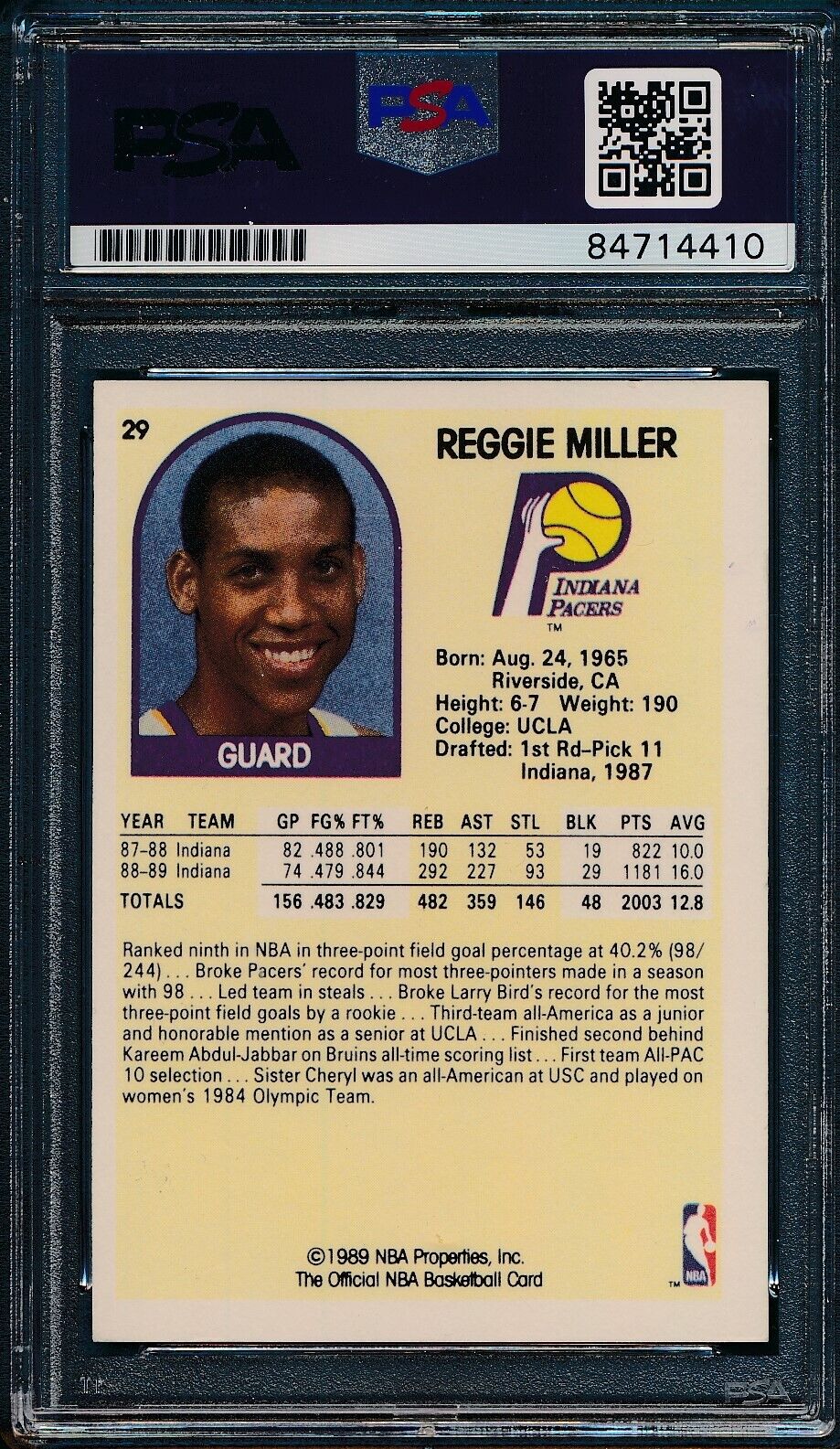 1989 HOOPS Reggie Miller HOF #29 Authentic Card Signed Pacers PSA/DNA 176339