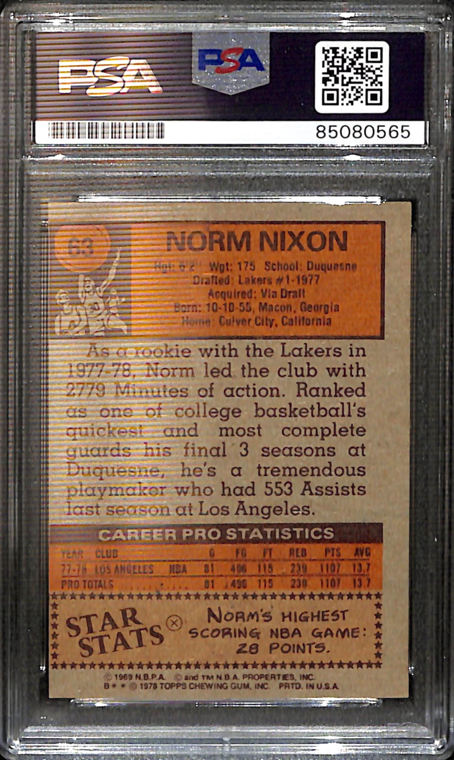 Norm Nixon Signed/Auto 1978 Topps Rookie Card #63 Lakers PSA/DNA 185415