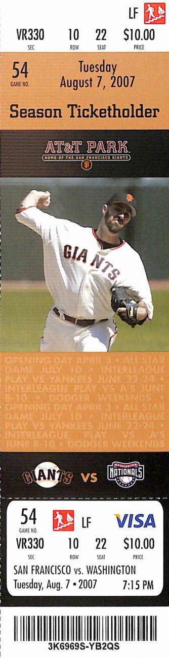Barry Bonds HR #756 Breaks All Time HR Record Full Ticket Giants 8/7/2007