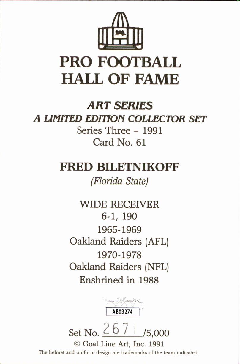 Fred Biletnikoff HOF Raiders Signed/Inscr Goal Line Art GLAC Postcard JSA 167164