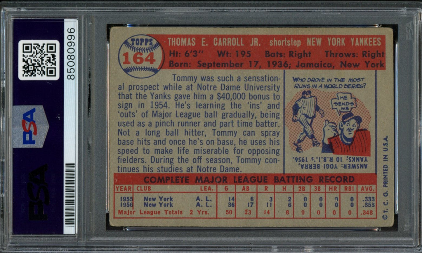 Tommy Carroll Signed 1957 Topps Trading Card #164 Yankees PSA/DNA 183570