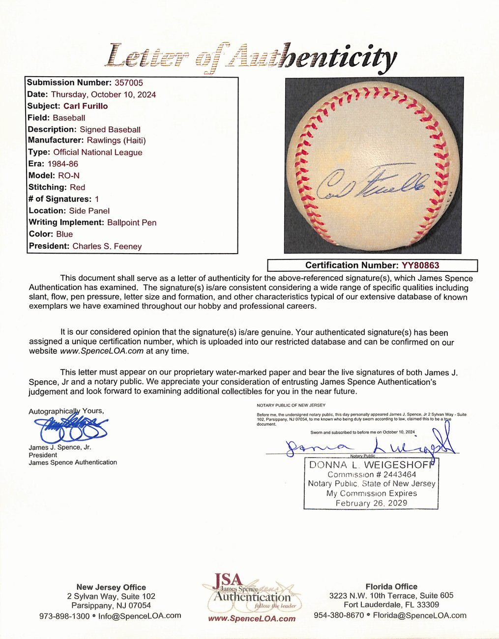 Carl Furillo Signed/Autographed ONL Baseball Brooklyn Dodgers JSA 191760