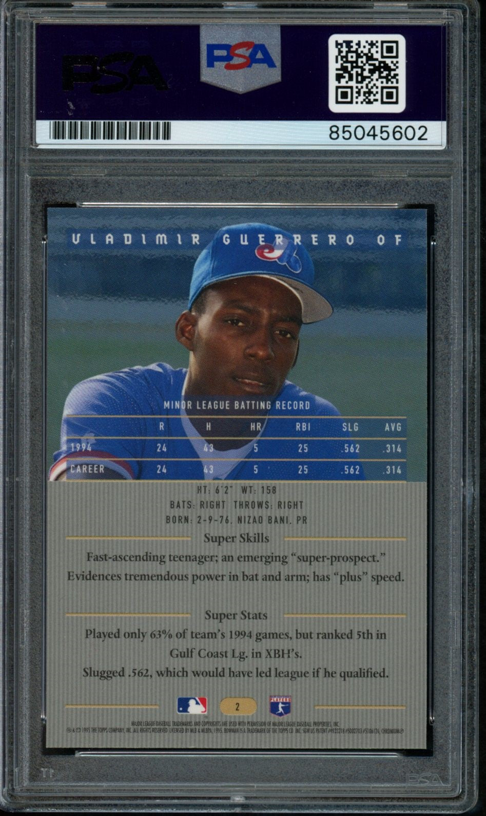 Vladimir Guerrero Montreal Expos Signed 1995 Bowman's Best Rookie #2 PSA/DNA