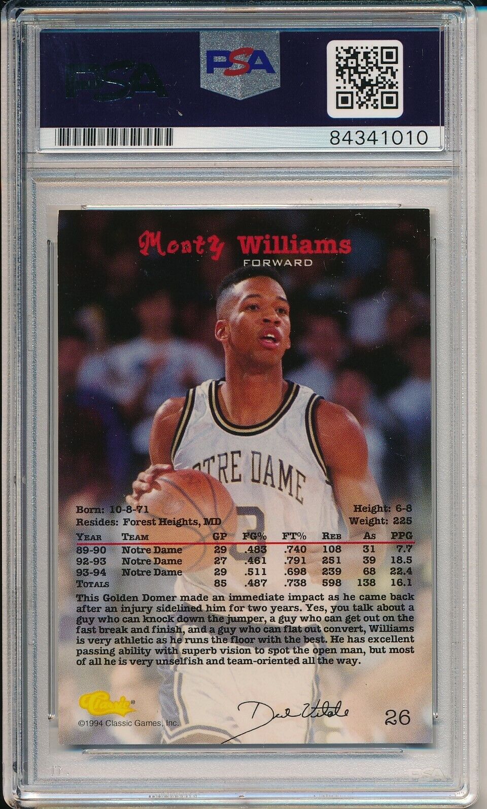 Monty Williams Notre Dame Signed/Auto 1994 Classic Card #26 PSA/DNA 163601