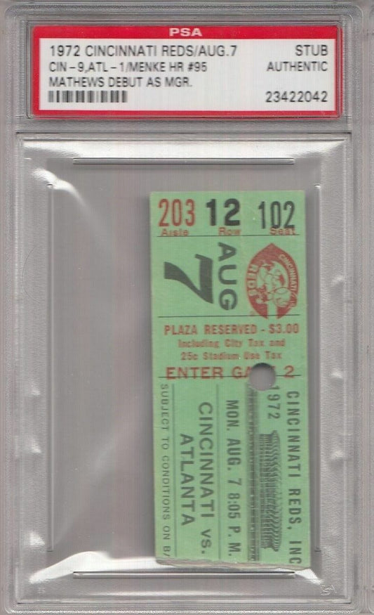 Eddie Mathews Manager Debut 1972 Atlanta Braves Slab Ticket Stub PSA 132085