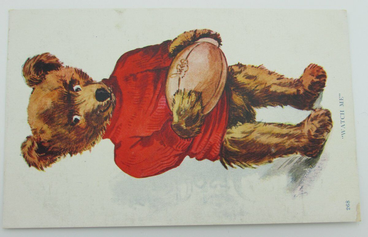 Vintage Postcard with a bear with a football and "Watch Me" 140069