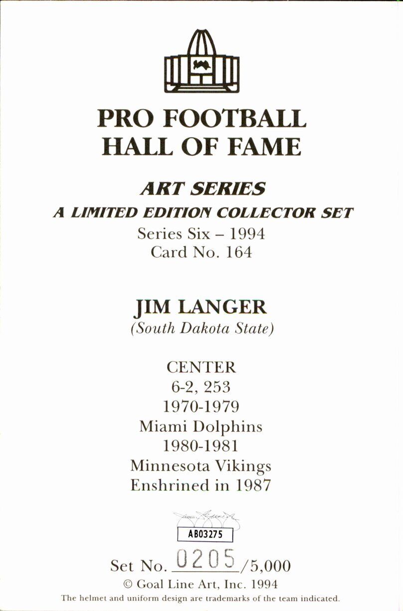 Jim Langer HOF Dolphins Signed/Inscr Goal Line Art GLAC Postcard JSA 167165