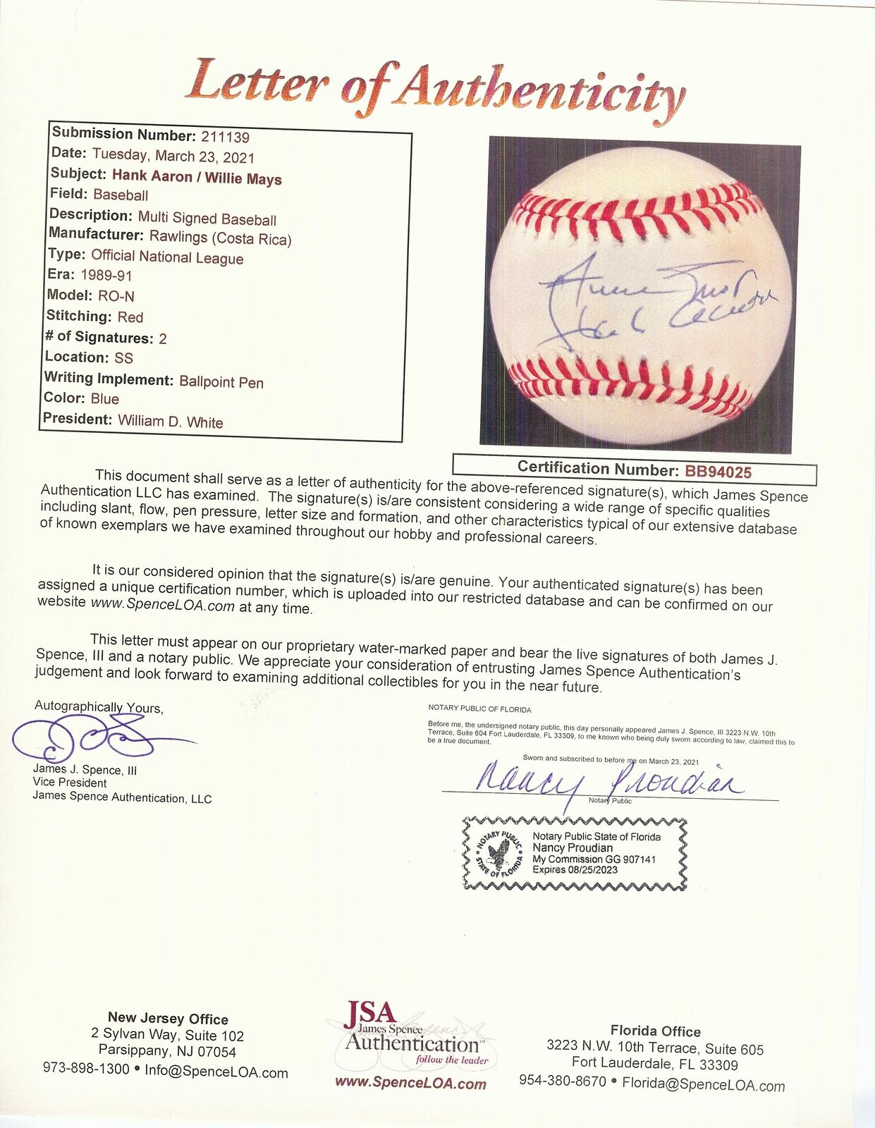 Hank Aaron HOF & Willie Mays HOF Dual-Autographed ONL Baseball JSA 171393