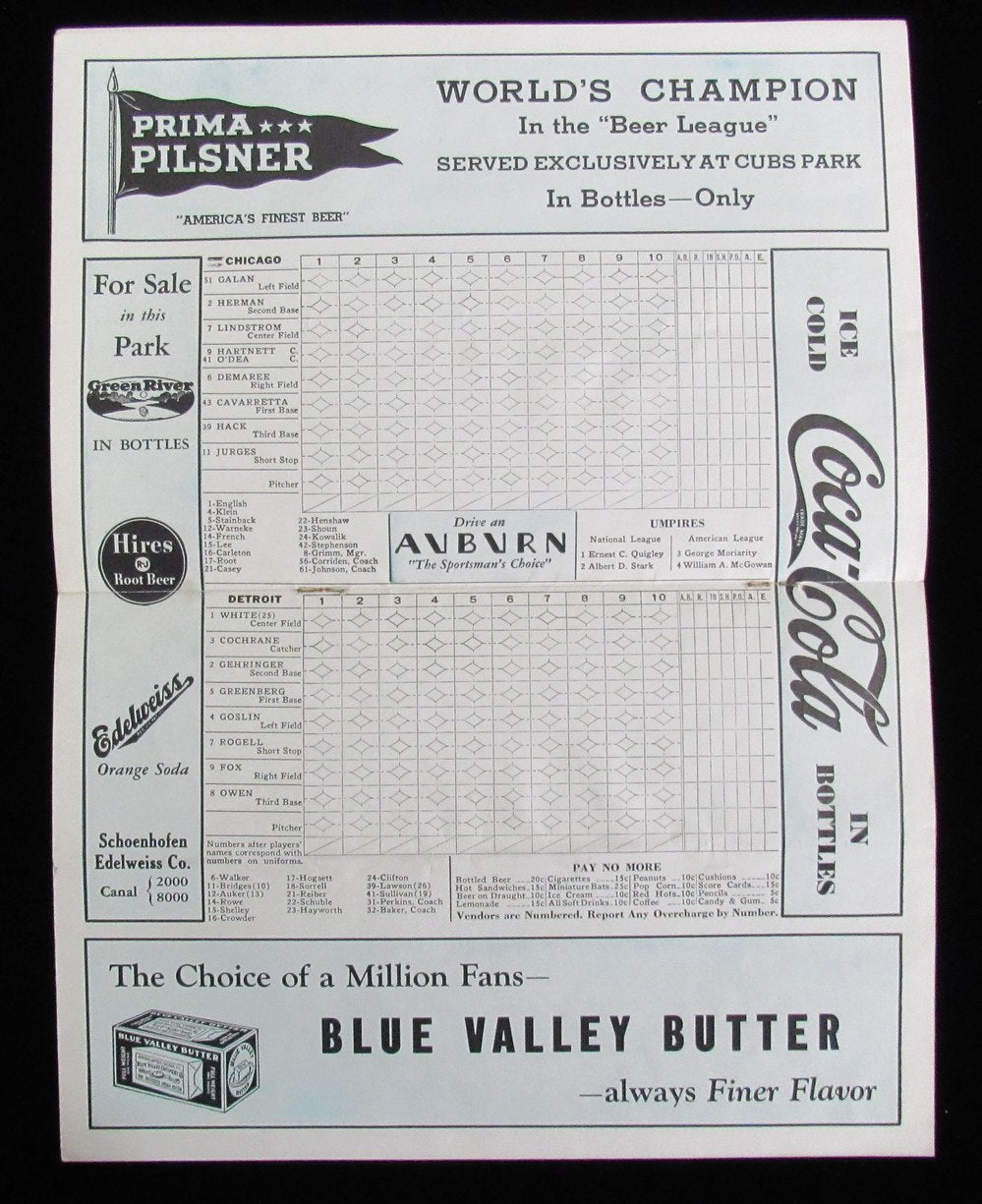 1935 World Series Scorecard Chicago Cubs vs. Detroit Tigers Wrigley Field 193294