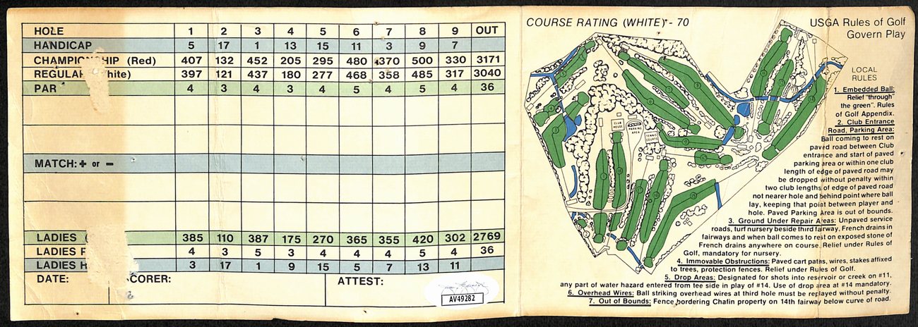 Arnold Palmer PGA Golf Champ Signed Latrobe Country Club Score Card JSA 192141