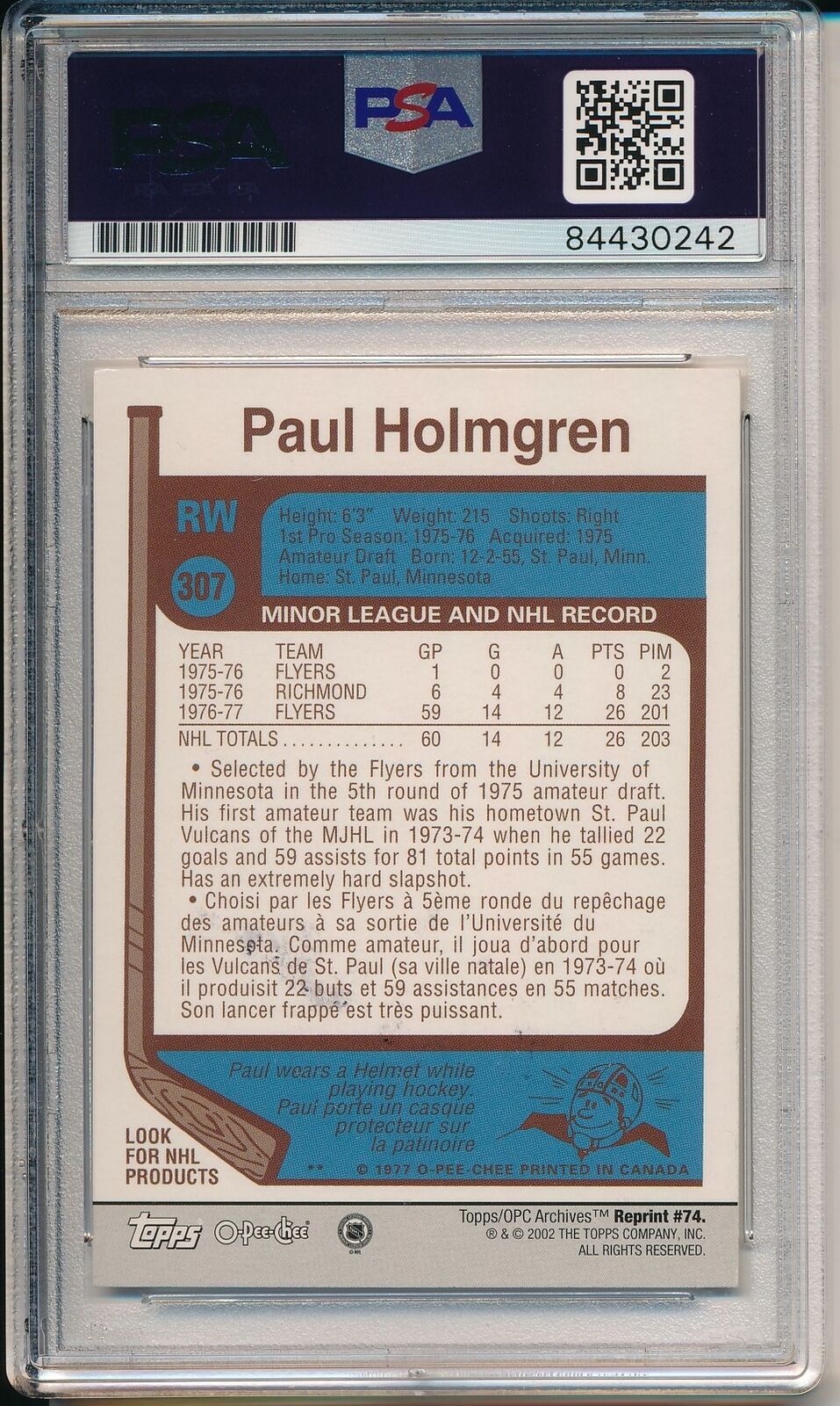 Paul Holmgren Flyers Signed/Auto 2002 TOPPS Archive Card #307 PSA/DNA 164532