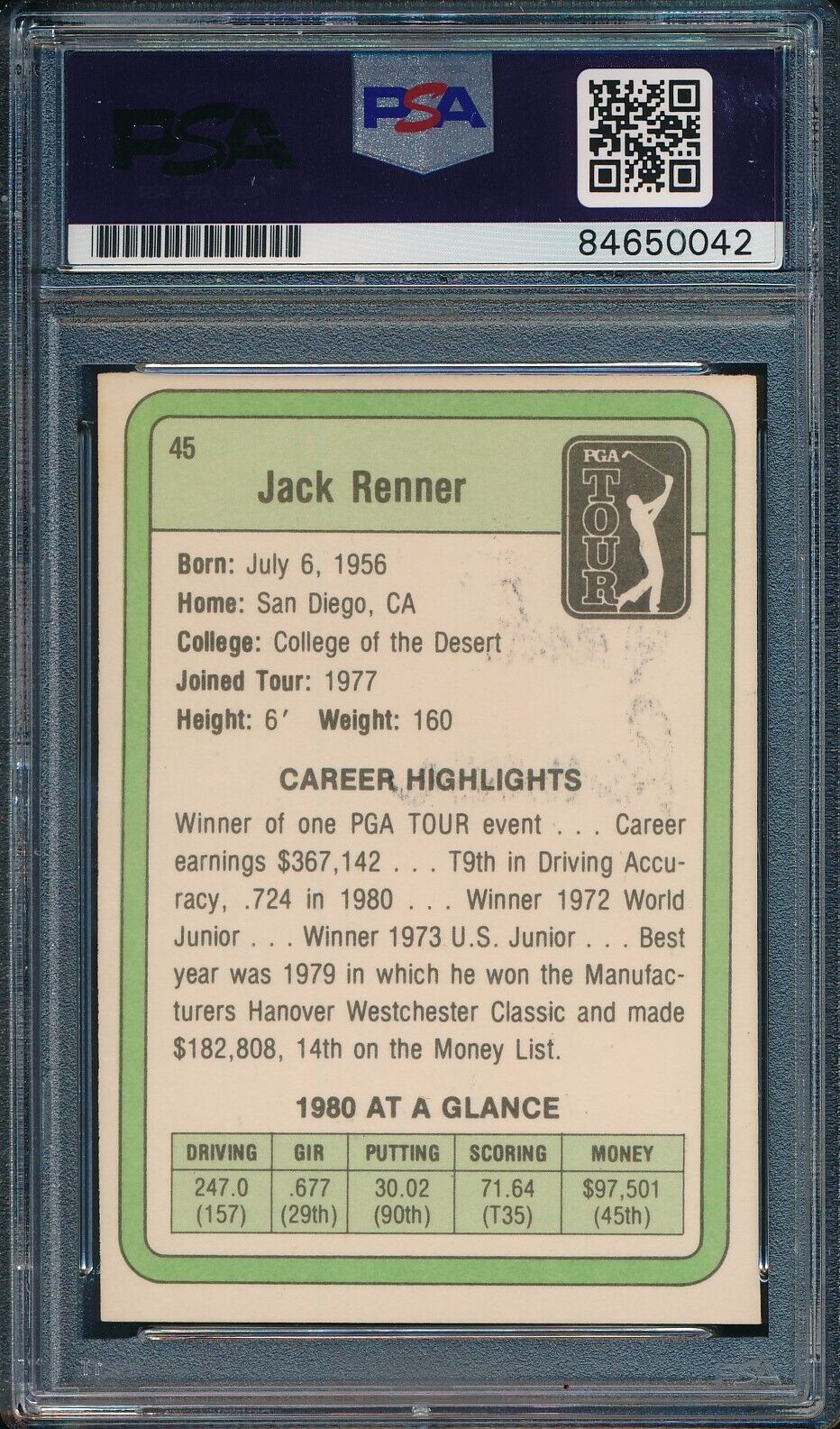 1981 DONRUSS PGA Jack Renner #45 Authentic Card Signed PSA/DNA 176034