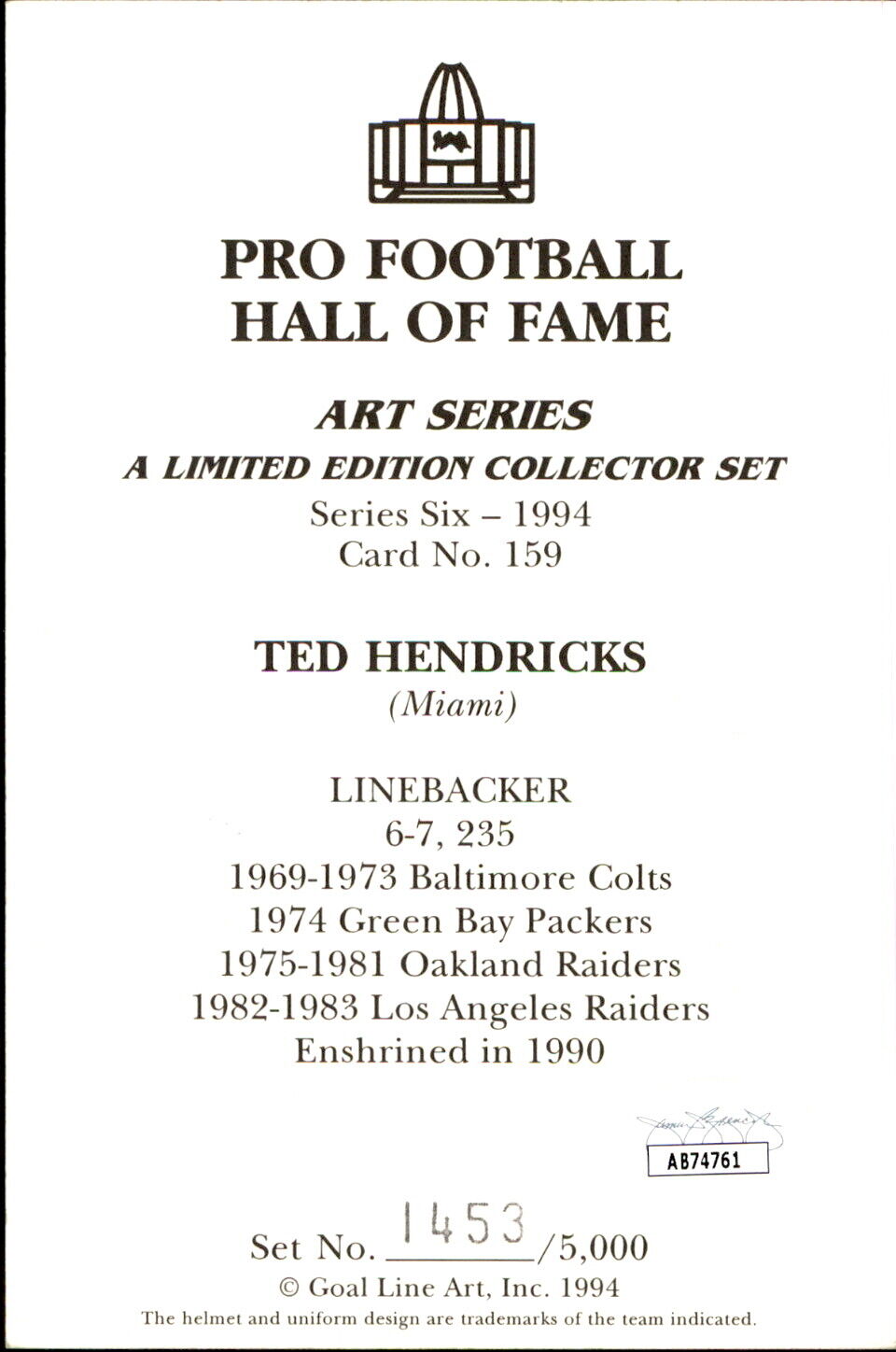 Ted Hendricks HOF Autographed/Inscribed Goal Line Art GLAC Postcard Raiders JSA