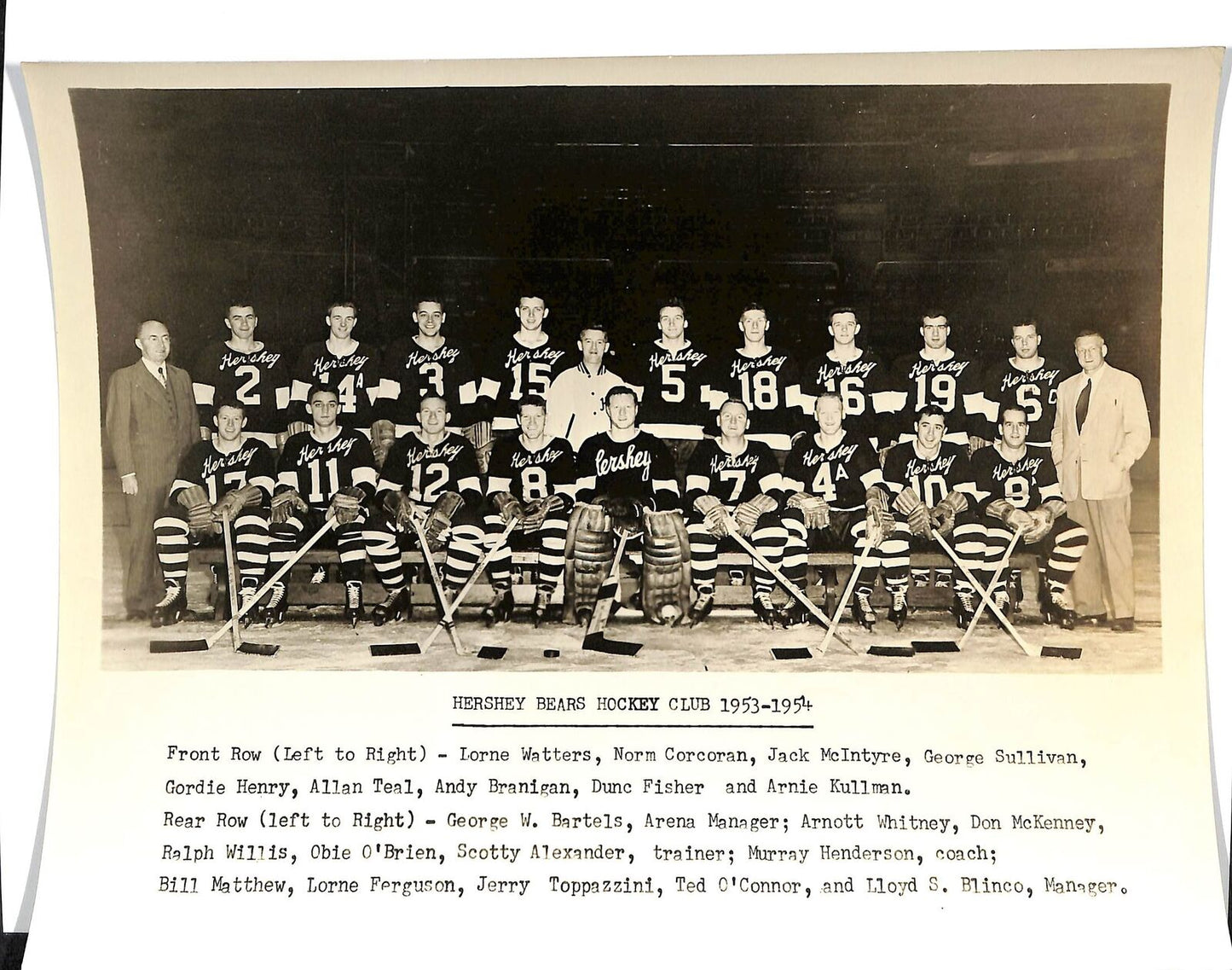 1953-54 Vintage Hershey Bears AHL Team Issued Glossy 8x10 Team Photo 180746