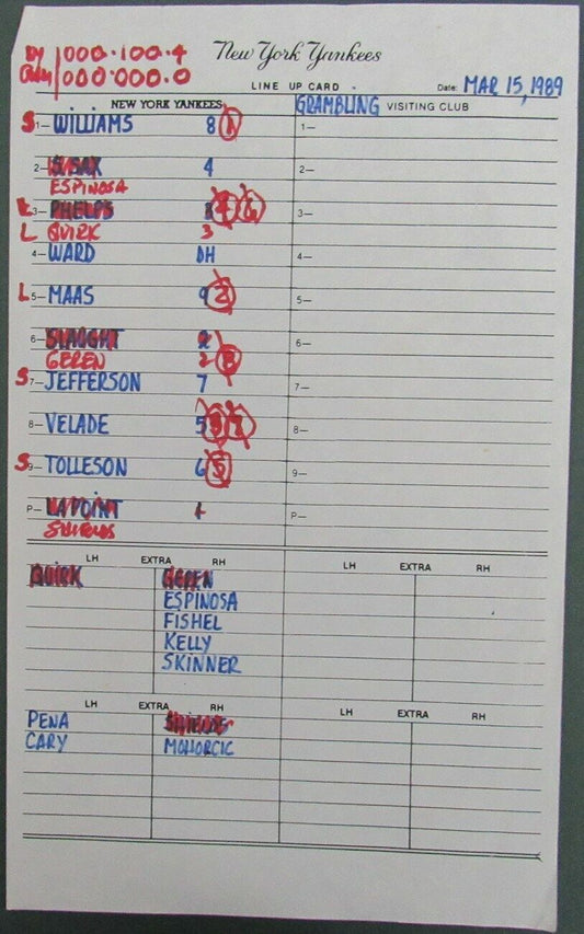 1989 New York Yankees Spring Training 9x15 Lineup Card vs. Grambling 150887