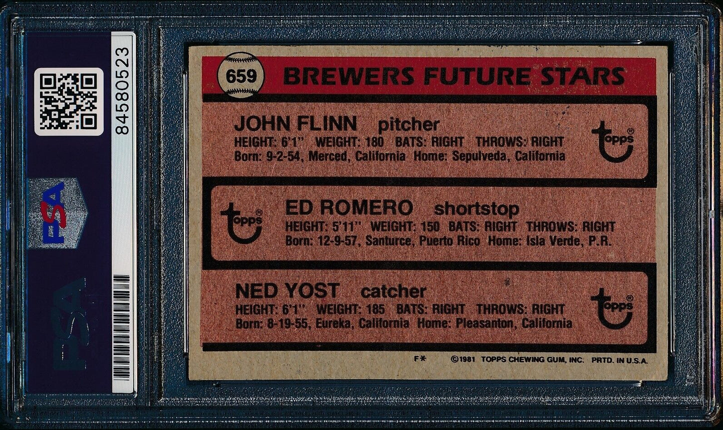 John Flynn/Ed Romero/Ned Yost Signed/Auto 1981 TOPPS Card #659 Brewers PSA/DNA