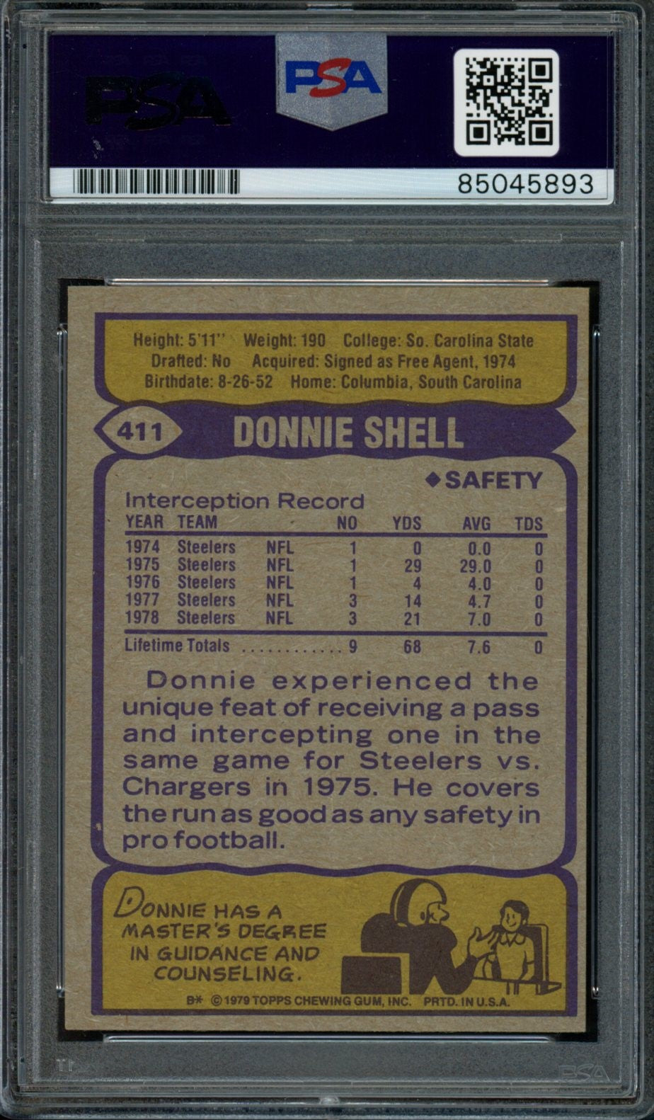 Donnie Shell HOF Steelers Auto/Signed Rookie 1979 TOPPS #411 PSA/DNA MINT 9