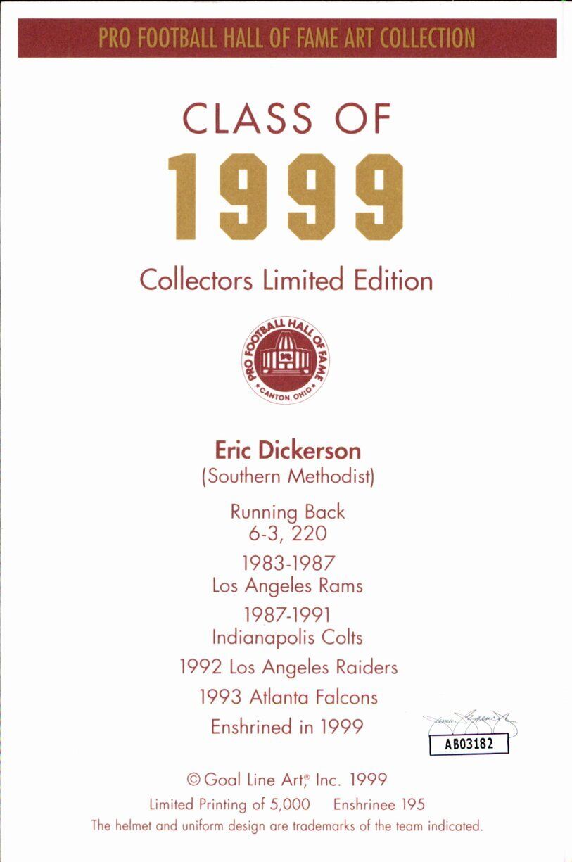 Eric Dickerson HOF Rams Signed/Inscribed Goal Line Art GLAC Postcard JSA 167067