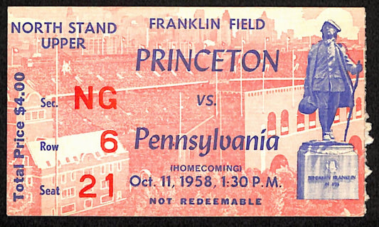 October 11, 1958 Princeton vs Penn Quakers Football Game Ticket Stub 190203
