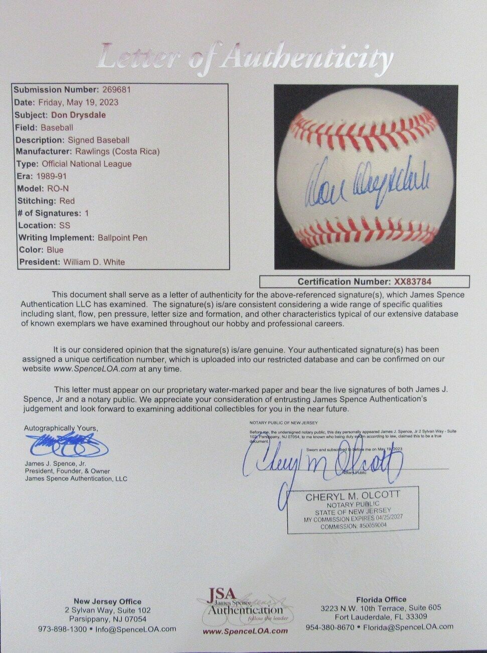 Don Drysdale HOF Autographed ONL Baseball Los Angeles Dodgers JSA 179918