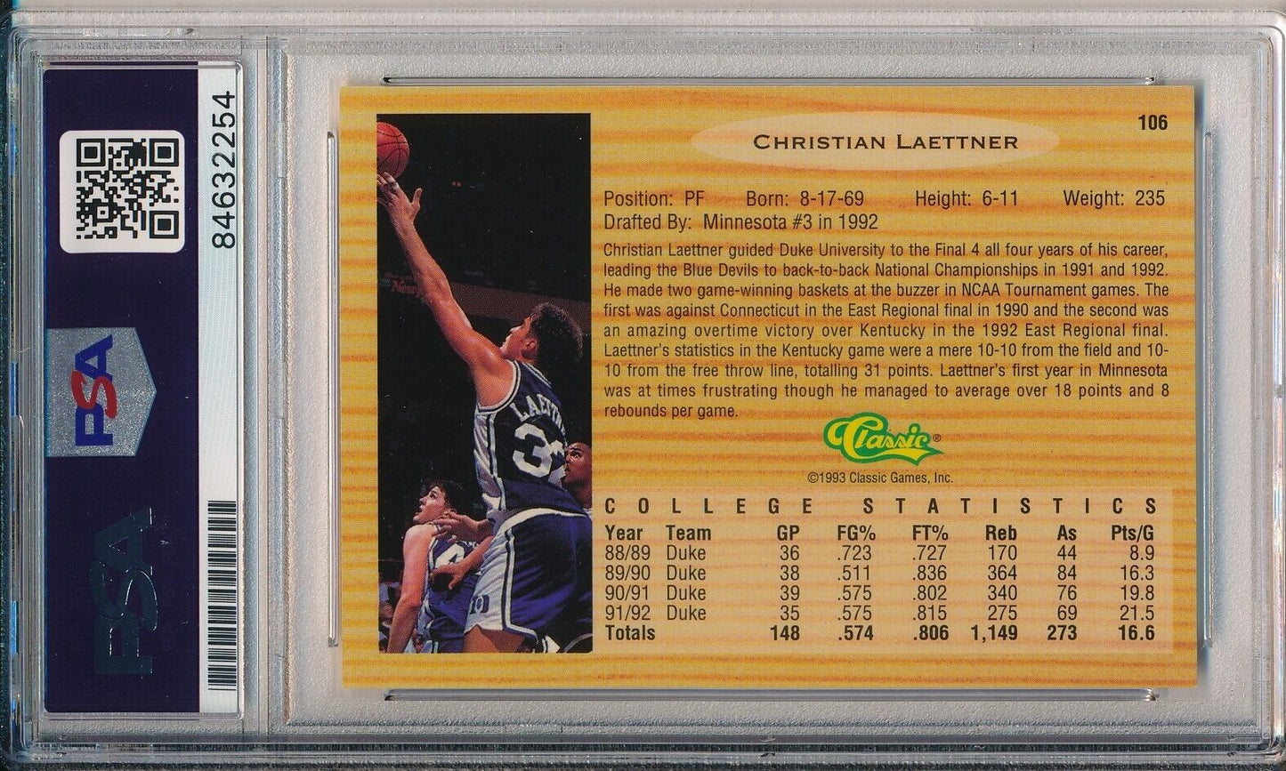 1992-93 Classic Flash Backs Christian Laettner #106 Card Signed Duke PSA/DNA