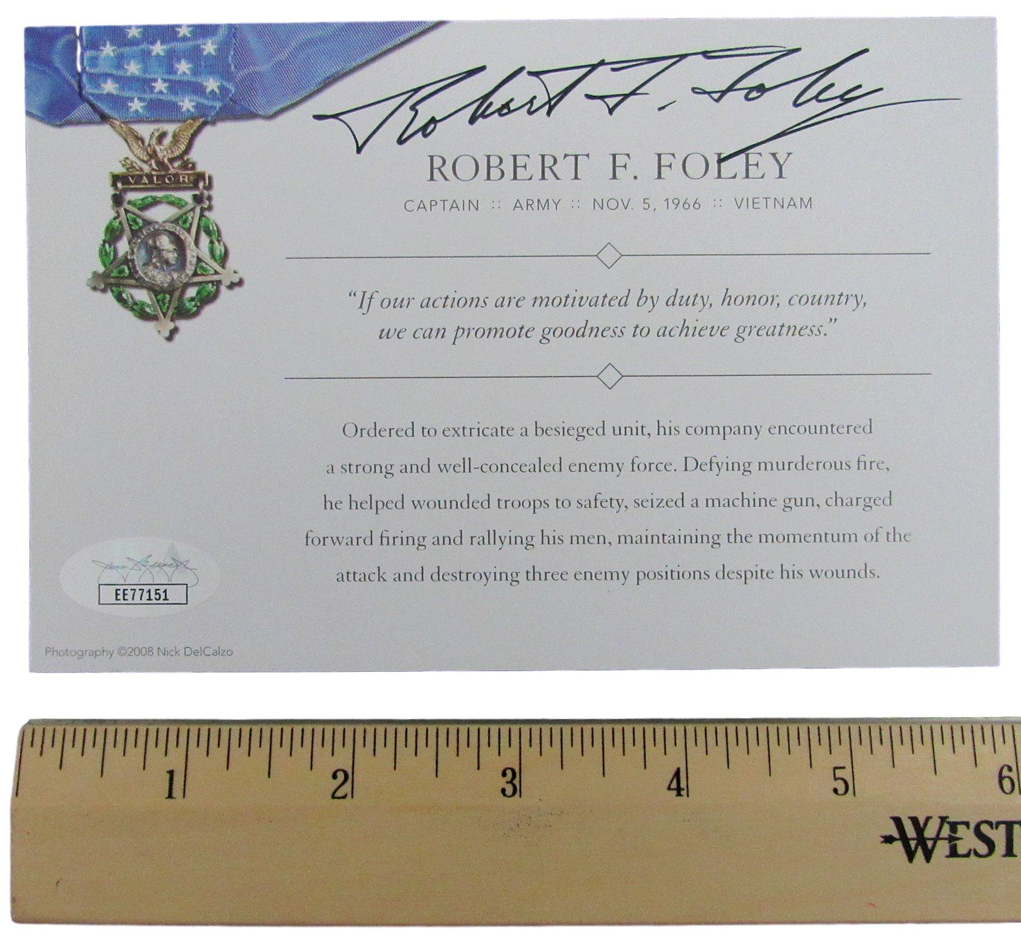 Robert F. Foley, MOH Recipient, Signed MOH 4x6 Society Card JSA 146368