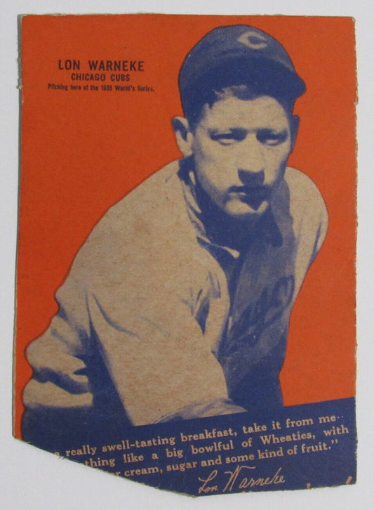 1936 Wheaties Series 4 Lon Warneke Chicago Cubs Hand Cut Baseball Card 180327