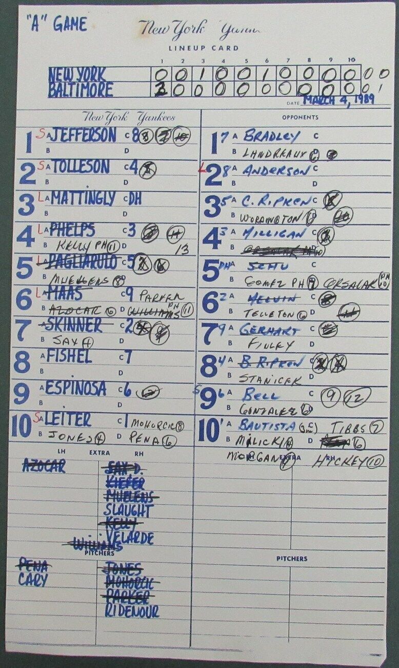 1989 New York Yankees Spring Training 9x15 Lineup Card vs.Orioles Ripken 150881