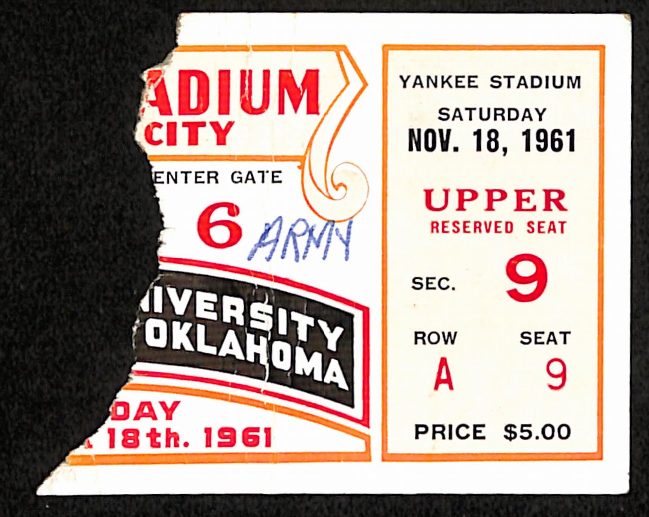 November 18, 1961 Oklahoma at Army College Football Game Ticket Stub 190204