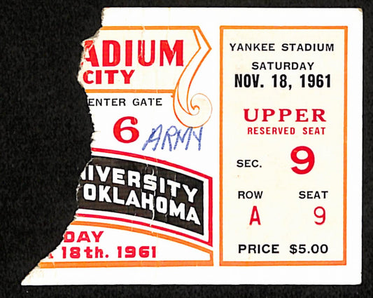 November 18, 1961 Oklahoma at Army College Football Game Ticket Stub 190204