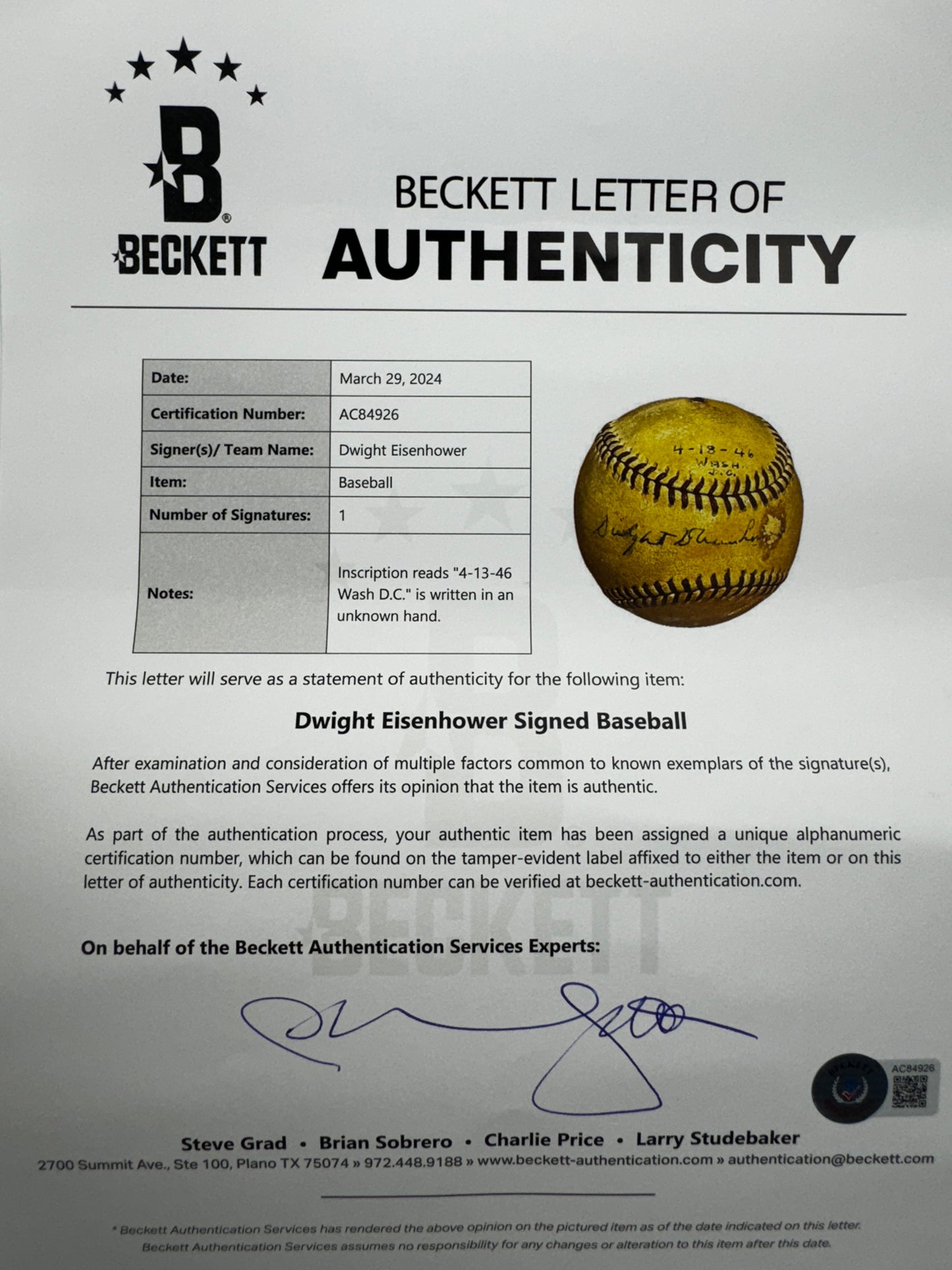 Dwight D Eisenhower President Signed for Mickey Harris Baseball Beckett 191825