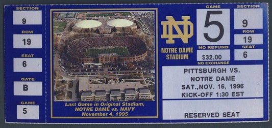 1996 Notre Dame vs. Pitt Full Unused Ticket 128324