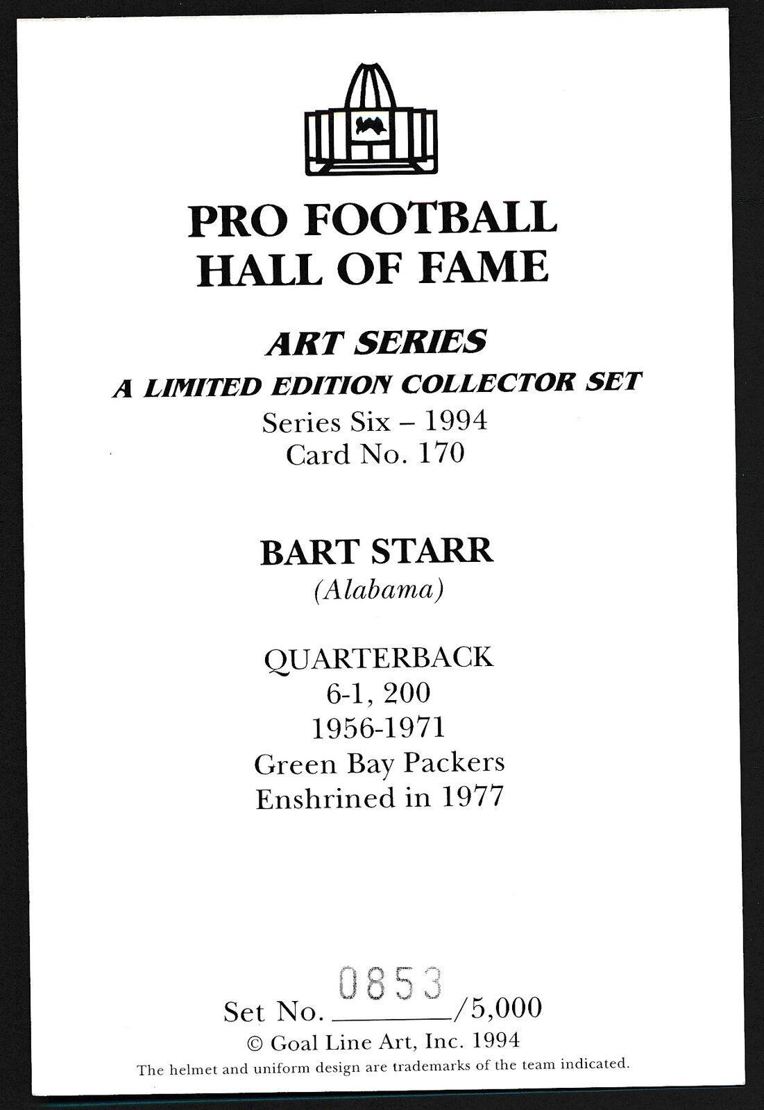 Bart Starr HOF Packers Signed/Inscr 1994 Goal Line Art GLAC Postcard 163106