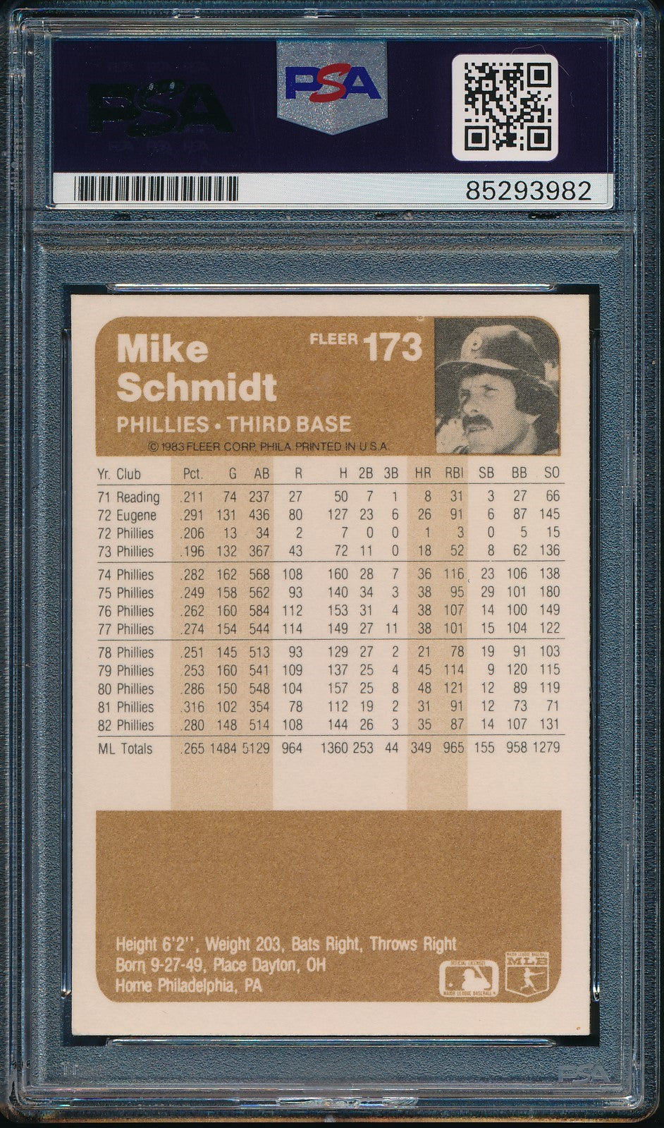 1983 Fleer Mike Schmidt Phillies Card #173 Signed PSA/DNA GEM MINT 10 190432