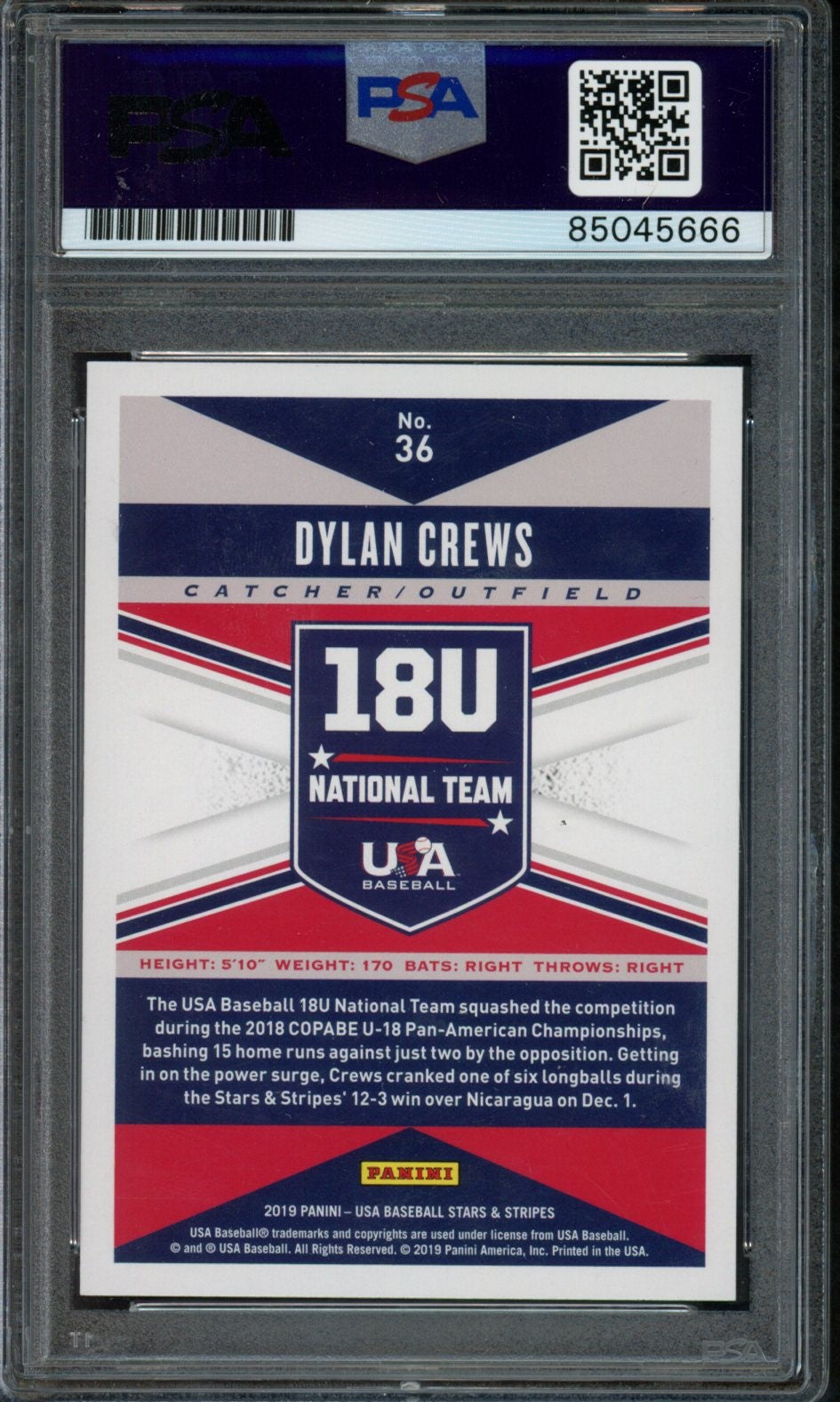 Dylan Crews Autographed 2019 Panini Stars & Stripes Baseball Card #36 PSA/DNA