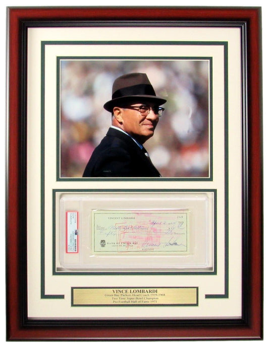 Vince Lombardi HOF Packers Signed Bank Check W/ Photo Framed PSA/DNA 158098