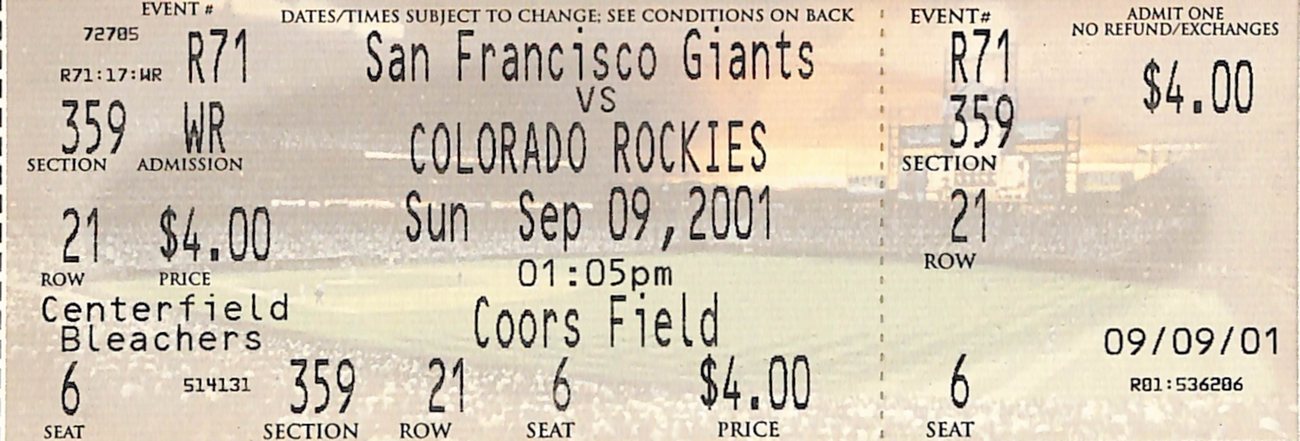 Barry Bonds 3 Homeruns #61,62,63 Full Ticket Giants vs Rockies 9/9/2001 187604