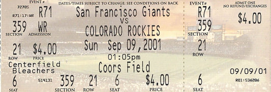 Barry Bonds 3 Homeruns #61,62,63 Full Ticket Giants vs Rockies 9/9/2001 187604